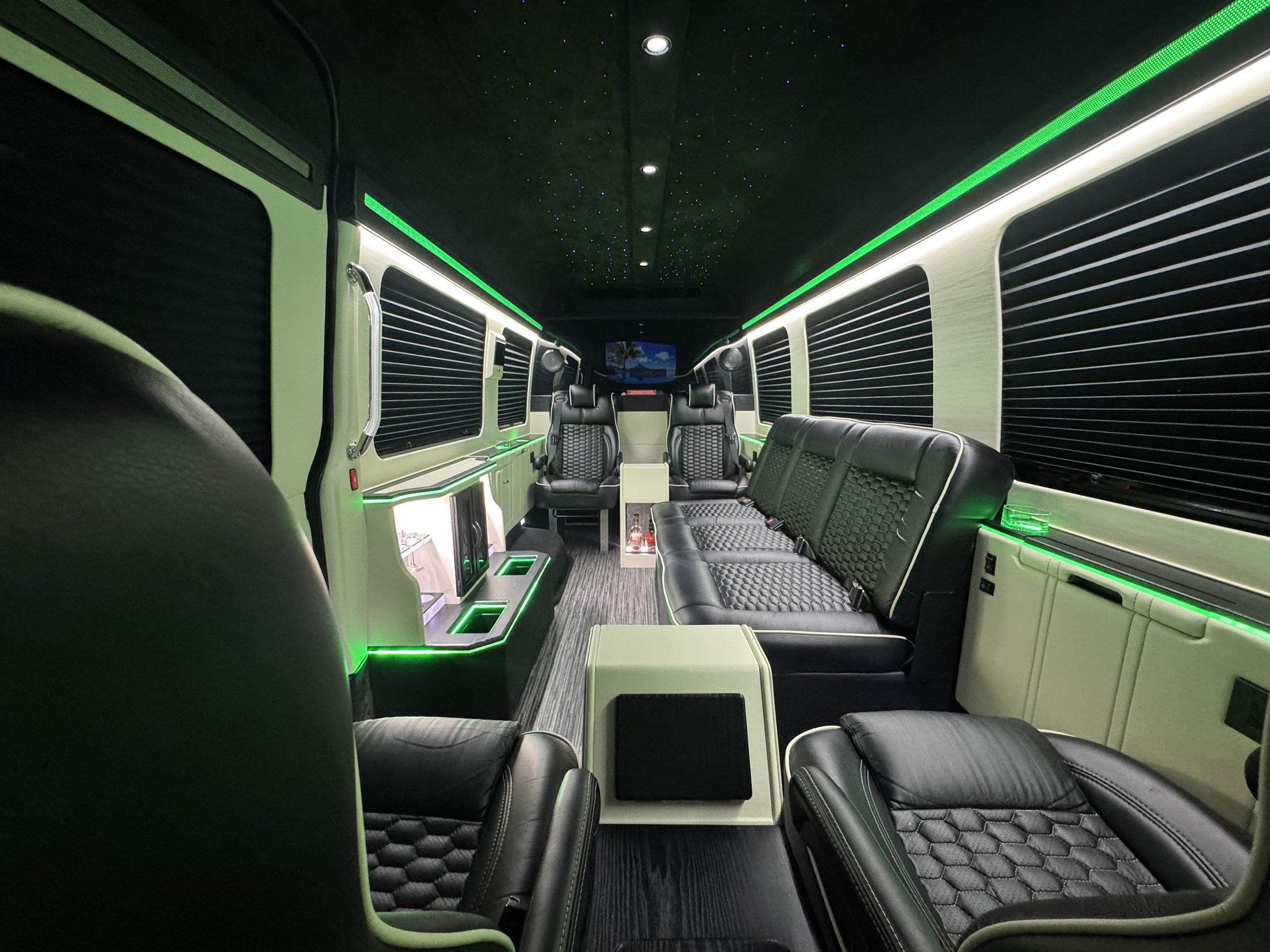 Mercedes-Benz Sprinter interior with star ceiling and LED lighting for Twin Cities prom transportation — Precise Luxury Limo Service