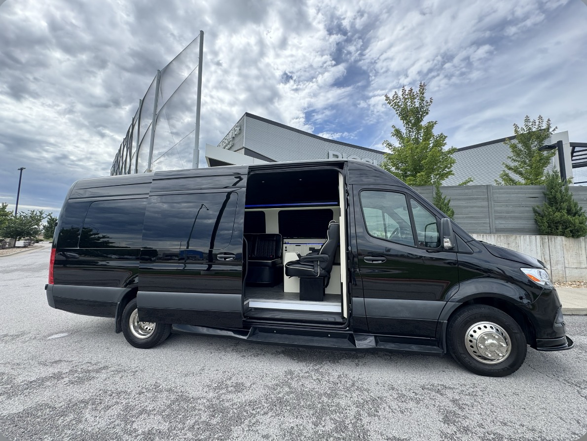 Mercedes-Benz Sprinter with its side door open for wedding transportation in Minneapolis — Precise Luxury Limo Service